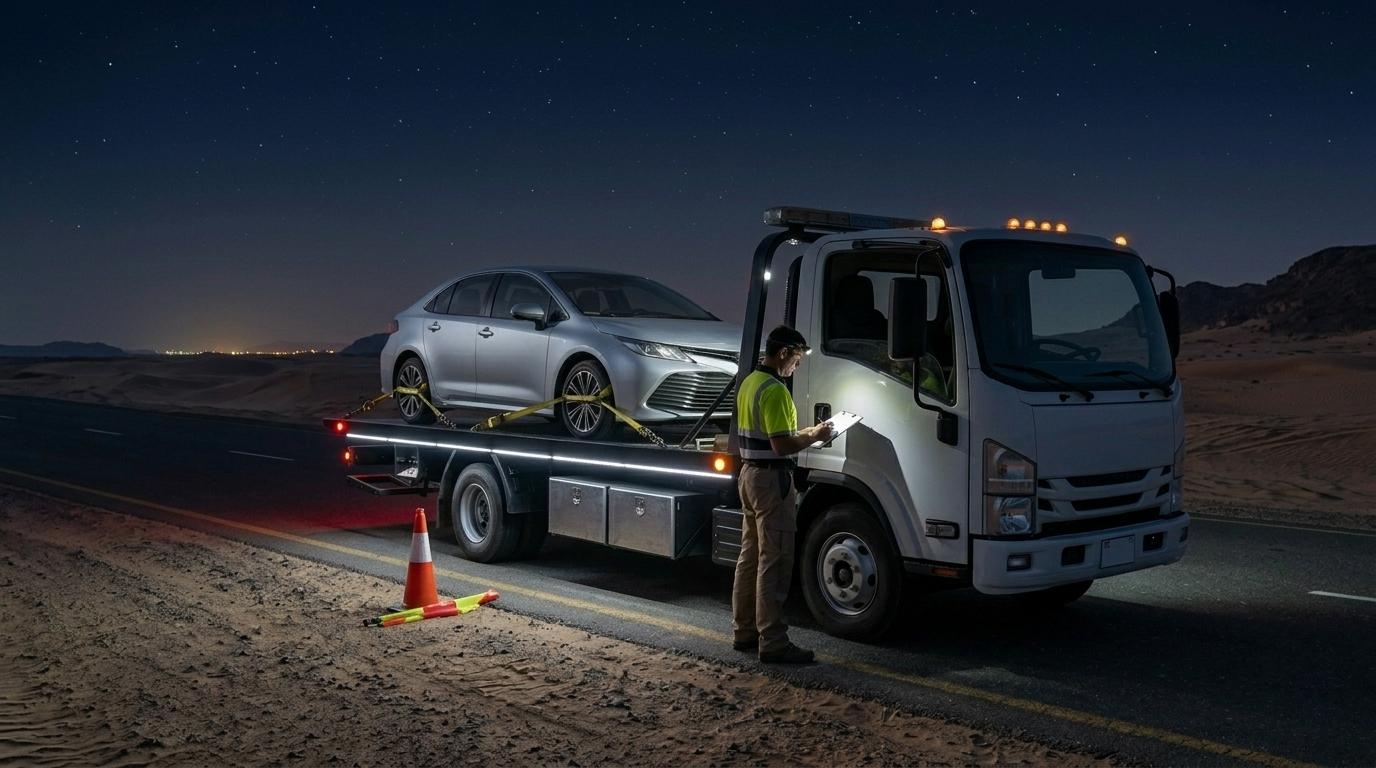 ونش إنقاذ سيارات على طريق سريع وقت الغروب
